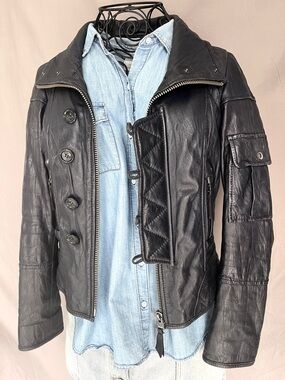 Black Leather Moto Jacket Utility Biker Style • Women’s Small